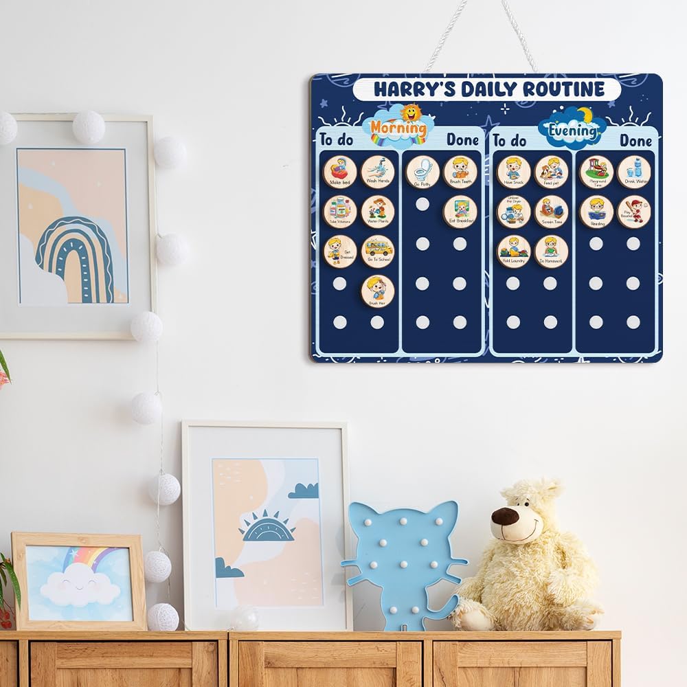 Daily Routine Chart for Kids, Visual Schedule, Routine Chart for Toddlers 3-5, Morning Bedtime Routine Chart for Toddlers, Wooden Chore Chart for Kids