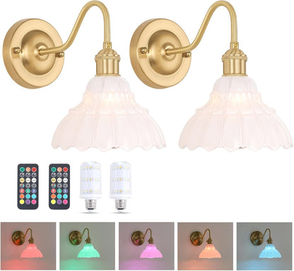 Shenmoyl Battery Operated Wall Sconce Wall Lamp with Green Lily of the Valley Shade Pattern Glass Adjustable Chain Retro Gold Wall Mounted Light, Modern Wall Lamp Fixtures Decor for Bedside Bedroom