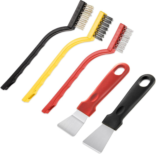 5 Pack Kitchen Stove Cleaning Brush + Scraper Tool Set, Stainless Steel and Nylon Brush Head Brushes Heavy Duty Scraper for Gas Burners Cooktop Pan Brass Kitchen, Bathroom, Range Hood Grease Grime