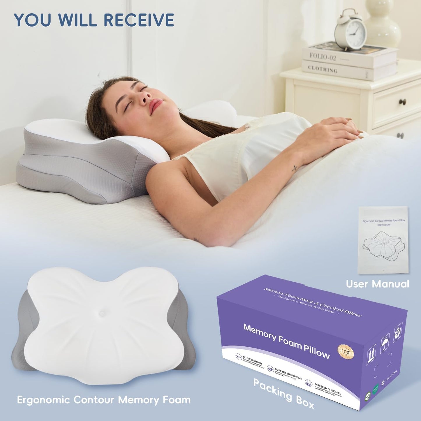 Cervical Neck Pillow, Memory Foam Pillow with Dual Height, White | Ergonomic Pillow for Neck Pain Relief, Breathable Cover,Neck Support Pillow for Side Back & Stomach Sleepers, Odorless