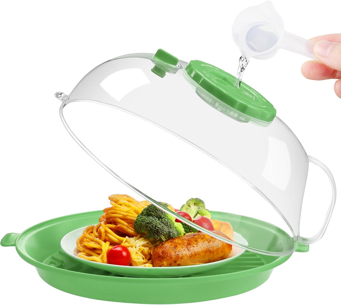 Microwave Splatter Cover Lid for Food 10.2 Inch with Water Steamer, Clear Microwave Splash Guard Cooker Lid with Plate, Dish Bowl Plate Serving Cover Cookware High Transparent Plastic Black