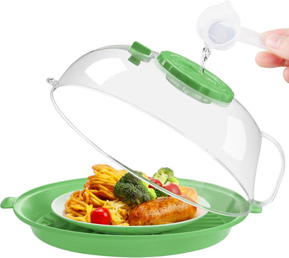 Microwave Splatter Cover Lid for Food 10.2 Inch with Water Steamer, Clear Microwave Splash Guard Cooker Lid with Plate, Dish Bowl Plate Serving Cover Cookware High Transparent Plastic Black