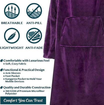 PAVILIA Fleece Blanket with Sleeves and Foot Pockets Women Men, Dark Purple