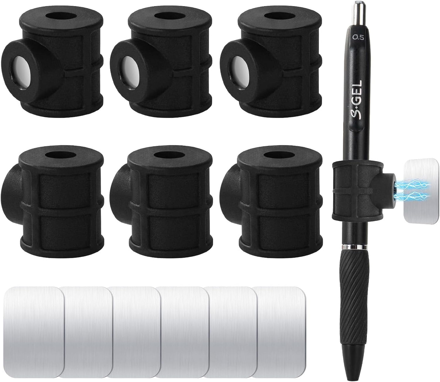 4 Pack Black Strong Magnetic Pen Pencil Holder for Fridge Whiteboard | Fits pens, pencils and markers up to 0.5in, with adhesive metal plates for lockers, cabinets, music stand and smooth surfaces