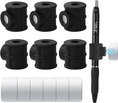 4 Pack Black Strong Magnetic Pen Pencil Holder for Fridge Whiteboard | Fits pens, pencils and markers up to 0.5in, with adhesive metal plates for lockers, cabinets, music stand and smooth surfaces