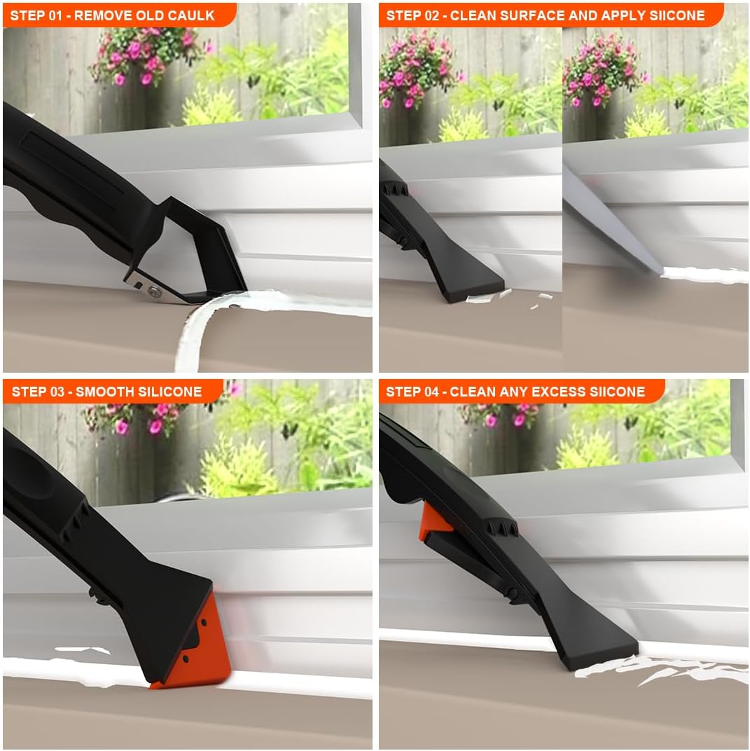 3 in 1 Caulking Tool with 6 Silicone Tips – Sealant Finishing & Caulk Remover, Stainless Steel Head, Mastic Remover & Angle Scraper for Bathroom, Kitchen, Floor, Window, Sink | 3-in-1 design: smooths, removes and scrapes in one tool