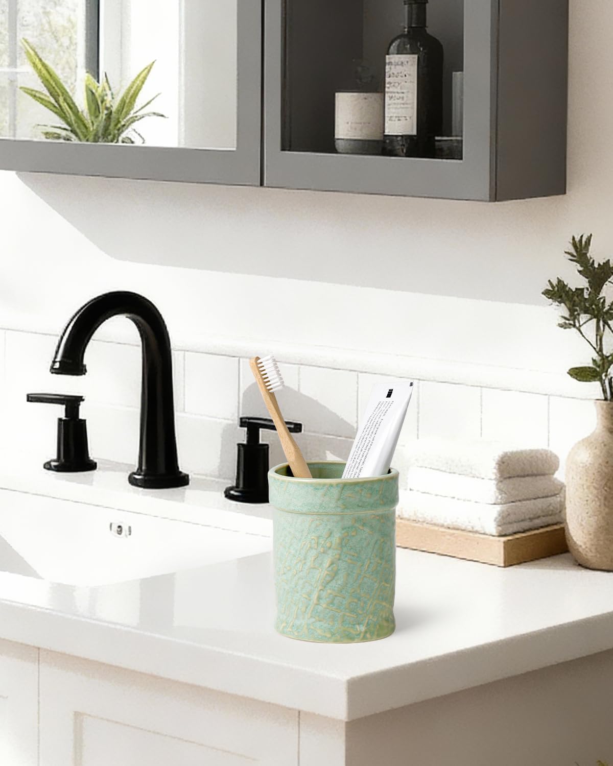 Toothbrush Holder, Tooth Brush Holder for Bathroom - Ceramic Toothbrush Cup White Toothbrush Holders Countertop, Makeup Brush Holder Pen Holder, 3.62" x 3.62" x 3.93", ANTIS'S HOME