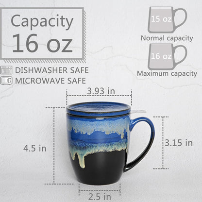 Bosmarlin Ceramic Tea Cup with Infuser and Lid, 16 Oz, 4 Color to Choose Dishwasher and Microwave Safe, Steeping Tea Mug with Strainer (Blue)
