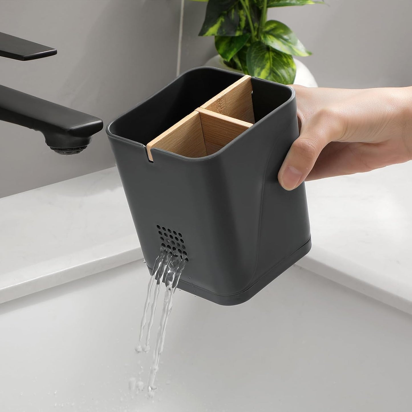 Electric Toothbrush Holder Tooth Brush and Toothpaste Organizer, Black | 3 Slots, Drainage Holes, Removable Bamboo Divider, Ventilation Design, Space-Saving, for Bathroom Countertop, Shower, Vanity
