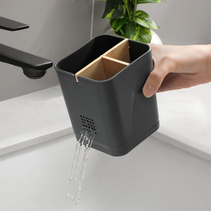 Electric Toothbrush Holder Tooth Brush and Toothpaste Organizer, Black | 3 Slots, Drainage Holes, Removable Bamboo Divider, Ventilation Design, Space-Saving, for Bathroom Countertop, Shower, Vanity