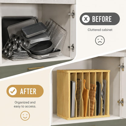 Cookie Sheet Organizer for Cabinet, 7 Tier Wooden Tray Divider | Vertical Cabinet Storage for Baking Sheets, Sheet Pans, Cutting Boards and Flat Pans, 15.35 in W x 11.81 in D x 16.54 in H