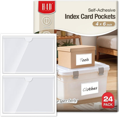 H4D 24 Pack labels for Storage Bins, 4" x 6" Plastic Clear Adhesive Pockets | Top-Open Index Card Holder, Waterproof & Removable Labels for Storage Bins, Totes, Containers, Shelves & Library Organization
