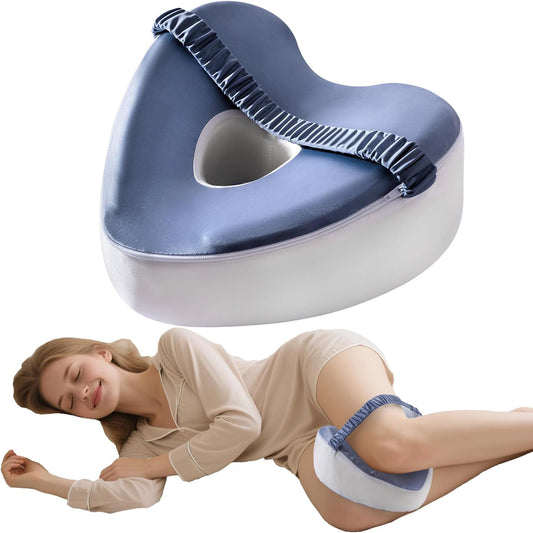 Leg & Knee Memory Foam Support Pillow for Side Sleepers, Cooling Cushion for Side Sleeping, Knee Pain Relief, Orthopedic Leg Pillow with Adjustable Strap, Removable Washable Blue and White Cover