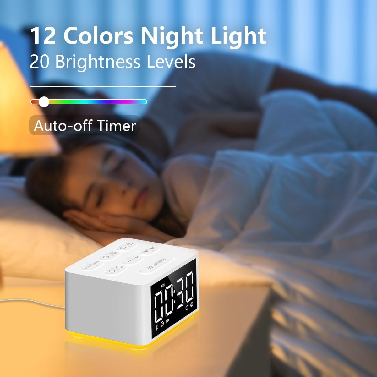 3-in-1 Sound Machine White Noise Machine Dual Alarms 12 Color Night Lights 30 Soothing Sounds 15 Wake Up Sounds 32 Volume for Baby Adults Kids Sleep Timer Memory Function Backup Battery Alarm Clock