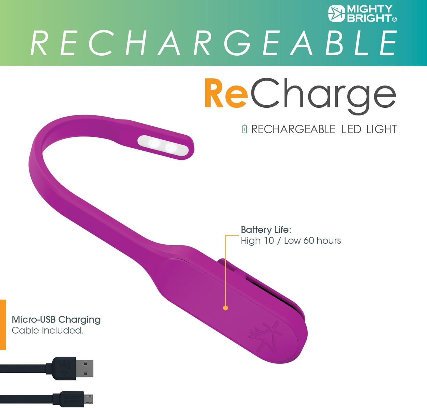 The Original Mighty Bright Recharge Clip On Rechargeable Book Light Reading Light, Warm Eye Care LEDs, Flexible, Durable, Dimmable, Perfect for Kids, Bookworms, Reading in Bed, Lasts 60 Hours (Green)