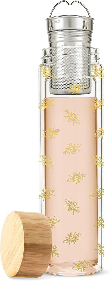 Pinky Up Blair Travel Tea Infuser Mug, Double Walled Insulated Travel Tumbler with Loose Leaf Tea Strainer, Travel Coffee Mug, Keeps Drinks Hot or Cold, 16 oz, White Leaf