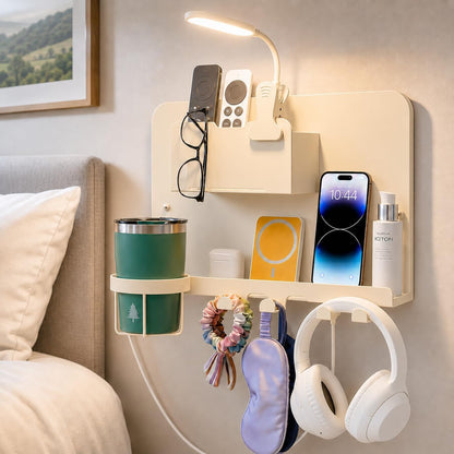 Floating Bedside Wall Shelf, Metal Bedside Wall Organizer with Detachable Cup Holder, No Drill Wall Mounted Storage for Bedroom, Dorm, Loft Bed, Bunk Bed & Small Space Organization