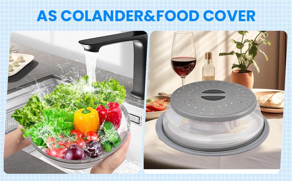 Microwave Splatter Cover Collapsible Microwave Cover for Food 10.5 inch | Easy Grip Handle, Fruit Drainer, BPA-Free, Dishwasher Safe, Grey