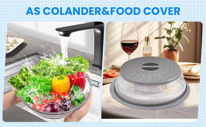 Microwave Splatter Cover Collapsible Microwave Cover for Food 10.5 inch | Easy Grip Handle, Fruit Drainer, BPA-Free, Dishwasher Safe, Grey