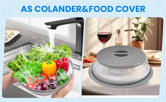 Microwave Splatter Cover Collapsible Microwave Cover for Food 10.5 inch | Easy Grip Handle, Fruit Drainer, BPA-Free, Dishwasher Safe, Grey