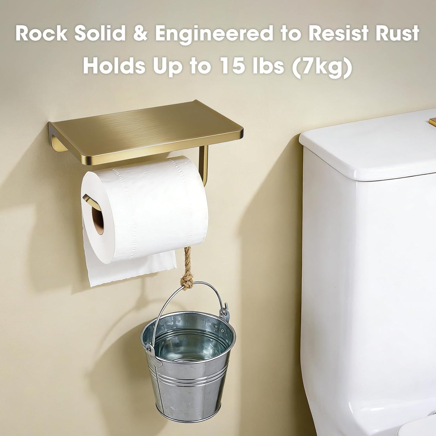 TRUSTMI Toilet Paper Holder with Phone Shelf, Zinc Alloy, Brushed Gold | Solid zinc alloy holder holds 15 lbs and fits jumbo rolls. Shelf stores phones and wipes for easy bathroom organization