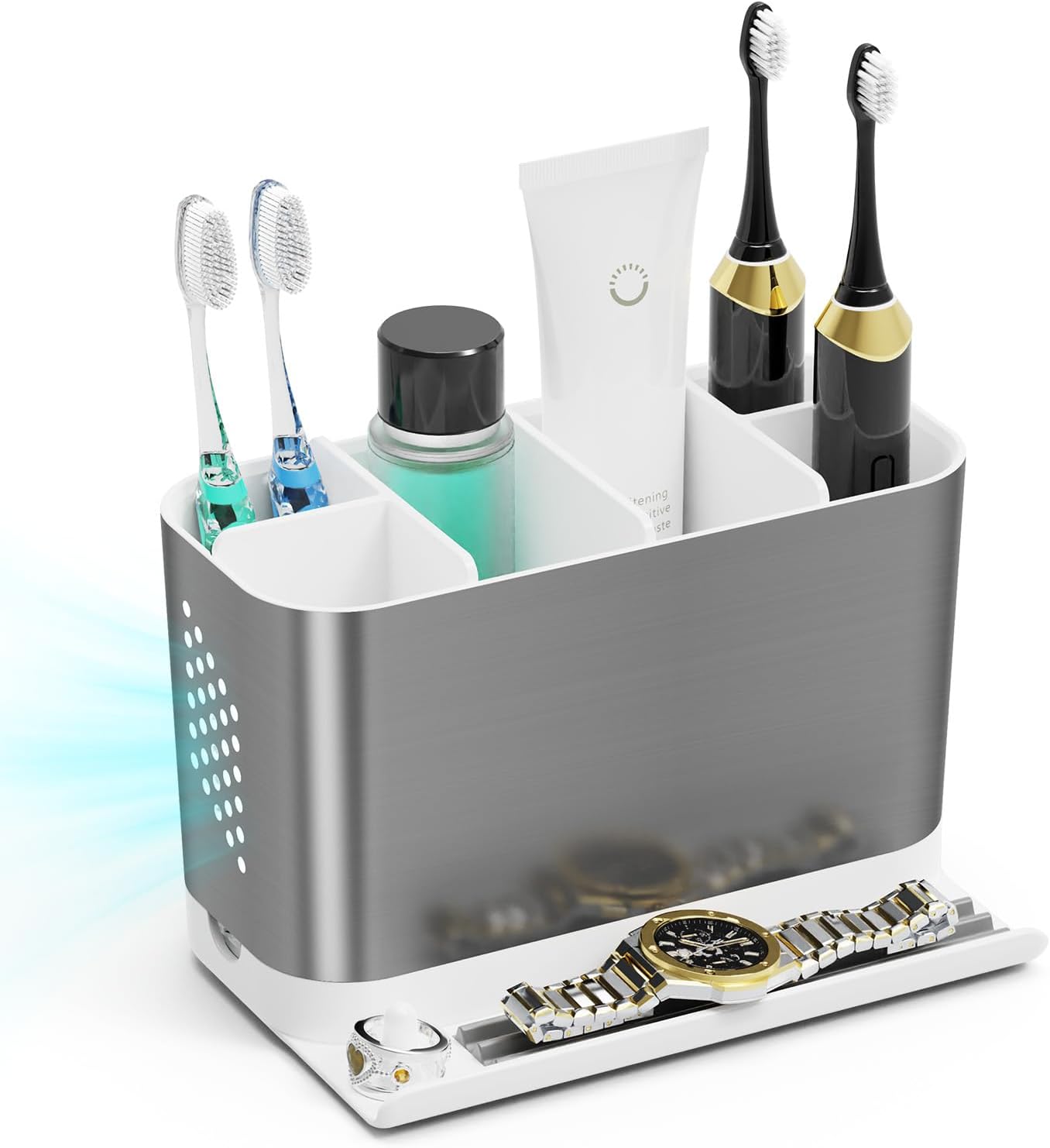 Bathroom Organizers and Storage 6 Slots Wood Grain Electric Toothbrush Holders with Phone Holder and Adjustable Dividers, Cord-Friendly Toothbrush Organizer with Drainage for Family, Kids