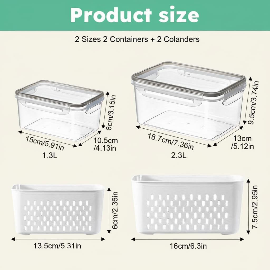 Fruit Storage Containers for Fridge 2 Pack, Fridge Organizers and Storage, Fruit and Vegetable Storage Produce Box with Drain Basket, Refrigerator Food Saver Set