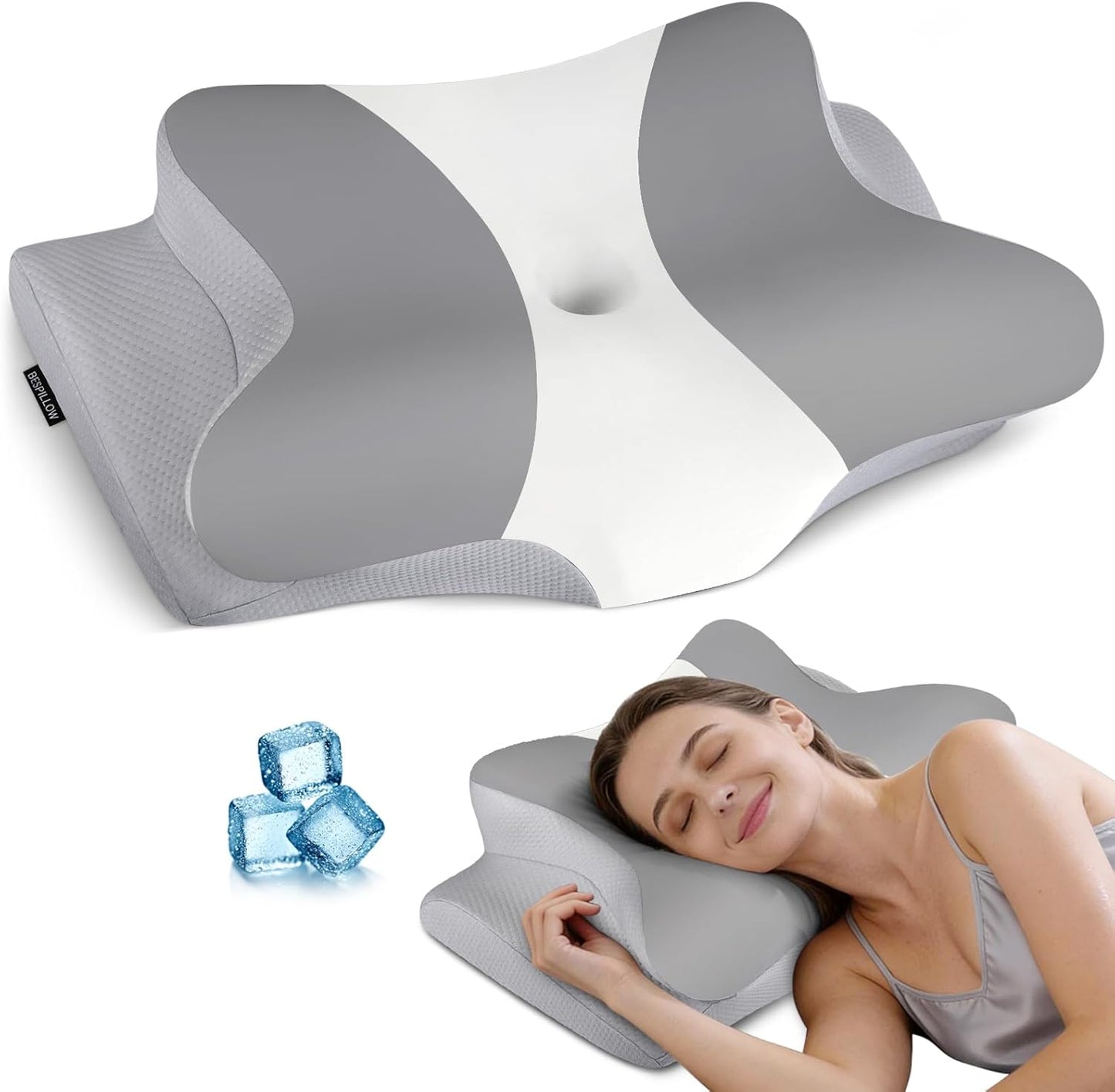 Cervical Neck Pillow for Pain Relief, Contour Memory Foam Pillows for Sleeping, Ergonomic Pillow Orthopedic Cooling Pillow Bed Pillow Neck Support for Side Back Stomach Sleepers（Grey&White