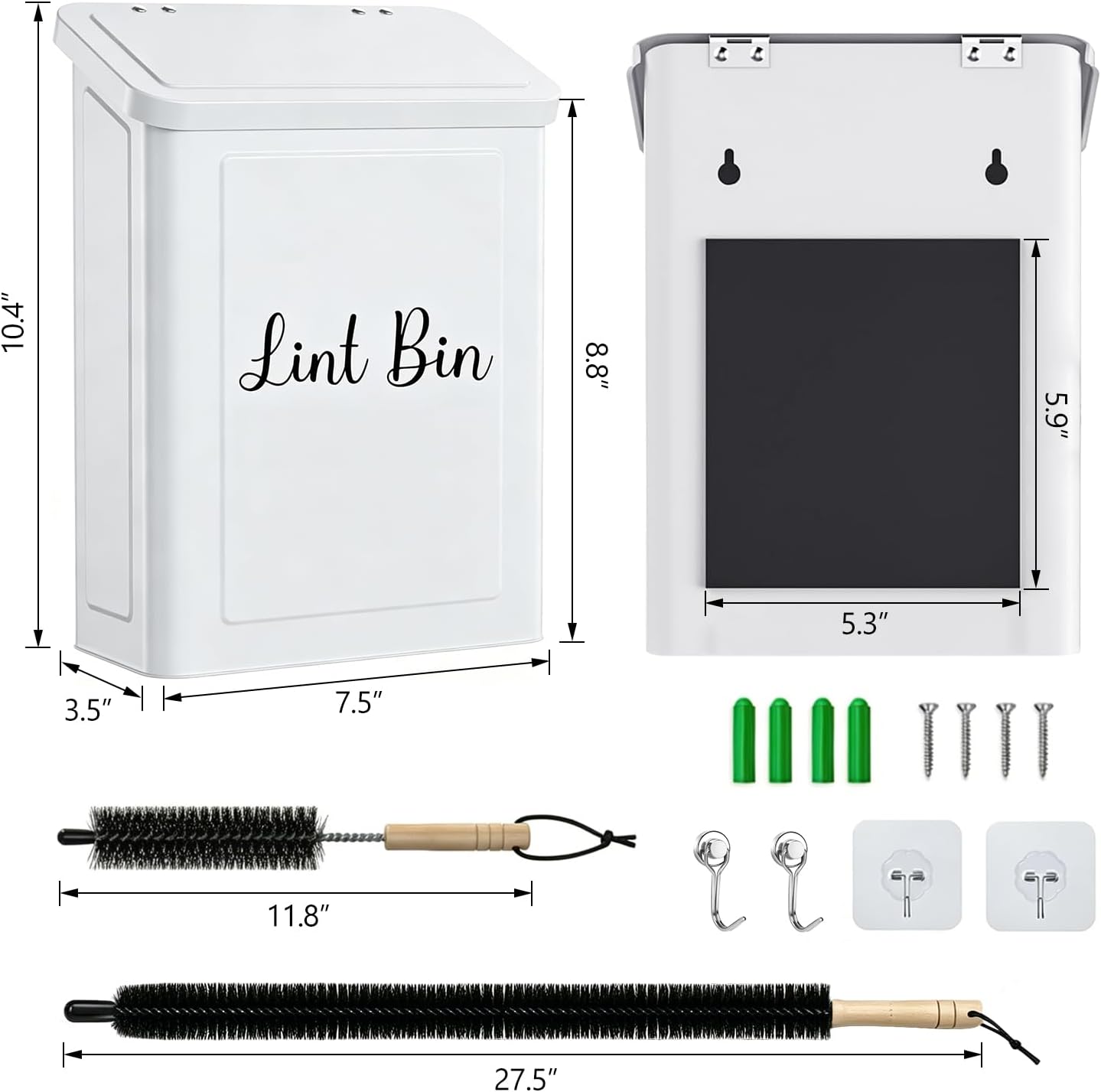 Magnetic Lint Bin for Laundry Room- Wall Mounted Metal Lint Box Holder Trash Can with Dryer Lint Brush, Laundry Room Organization and Storage Decor White