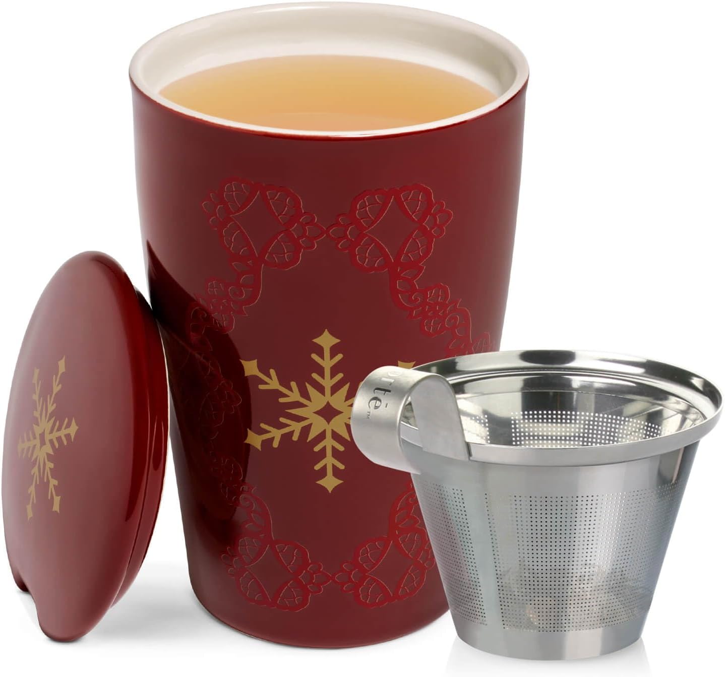 Tea Forte Double-Walled Ceramic Kati Cup, Noir, 12 oz | Insulated Ceramic - Stainless Steel Loose Leaf Infuser - Keeps Tea Hot Longer - Lid Included - Microwave & Dishwasher Safe