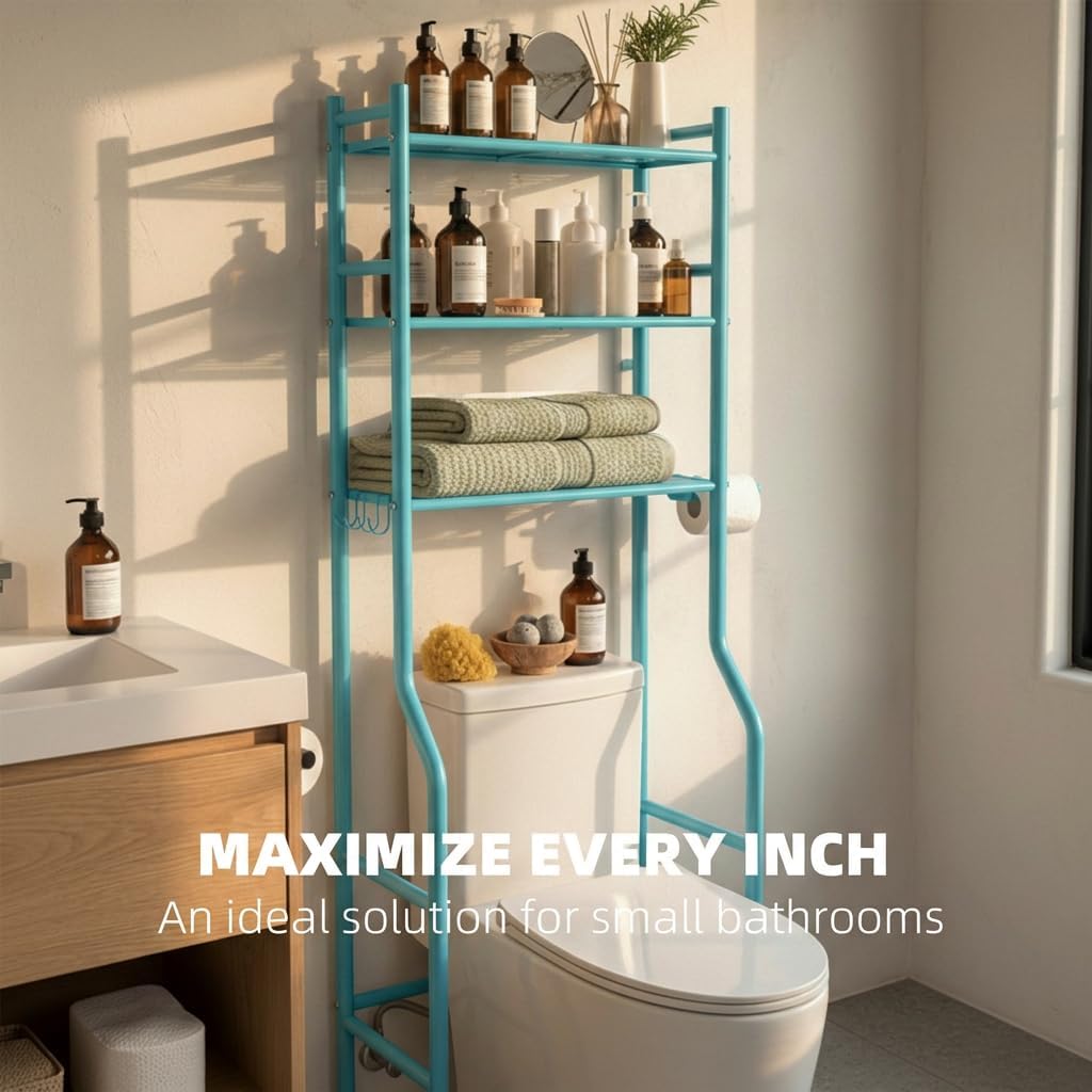 GloTika 3-Tier Over Toilet Storage, Anti-Tilt, 64" H, Black | Anti-Tilt Safety System, 150lb Capacity, Carbon Steel, Freestanding, No Drilling, Anti-Rust Coating, Paper Holder & 4 Hooks