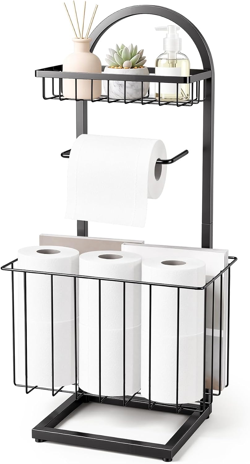 Toilet Paper Holder Stand Freestanding with Storage Basket for Bathroom | Freestanding Toilet Paper Stand for Bathroom,Heavy Duty Tissue Roll Holder Rack with Top Shelf for Organizer,black