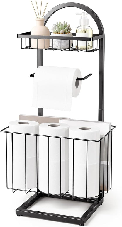 Toilet Paper Holder Stand Freestanding with Storage Basket for Bathroom | Freestanding Toilet Paper Stand for Bathroom,Heavy Duty Tissue Roll Holder Rack with Top Shelf for Organizer,black