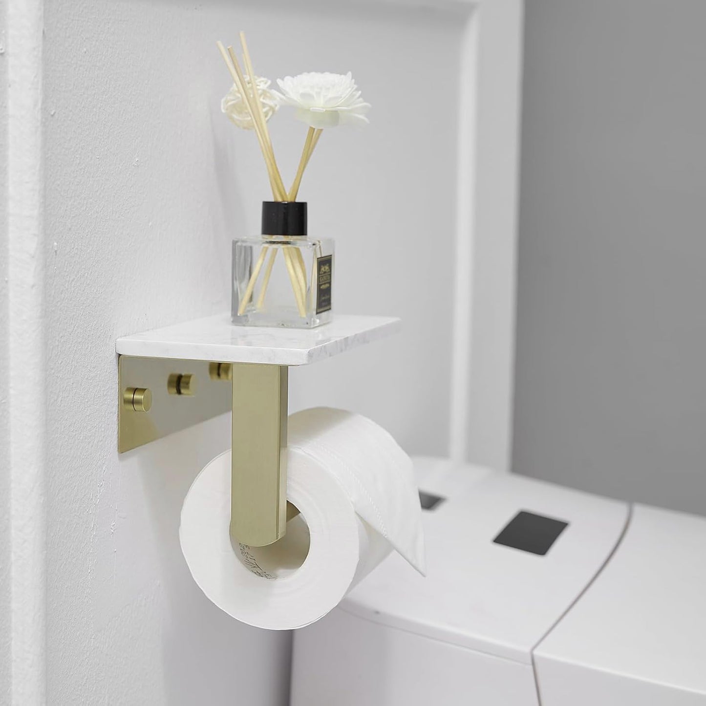 BWE Brushed Gold Toilet Paper Holder with Marble Shelf Wall Mounted | Toilet Paper Roll Holder with Phone Shelf 304 Stainless Steel Tissue Holder for Bathroom Washroom,Saving Space