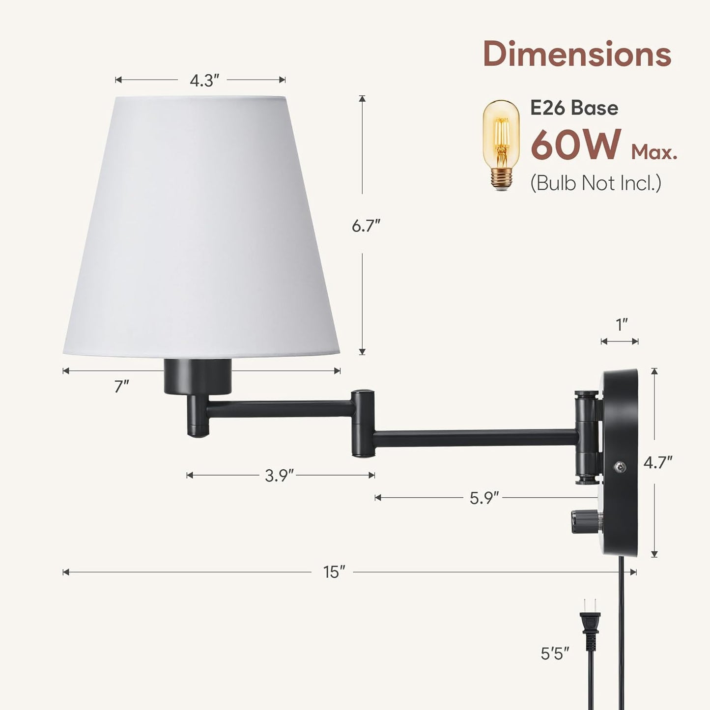 VONLUCE Wall Lamp, Plug in & Swing Arm Wall Sconce, Nickel Finish | Modern Wall Lights with White Fabric Shades, Plug in & Hardwired Wall Mounted Light for Bedside, Living Room, Hallway