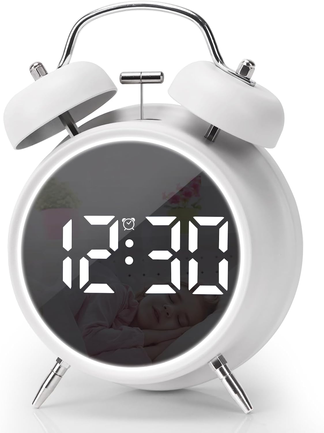 Digital Small Alarm Clock, 4.5 Inch Double Bell Electronic LED Alarm Clock, Plug in or Battery Operated Silent Metal Table Clock, Modern Loud Bedside Clock for Heavy Sleepers Adults Kids (Black)