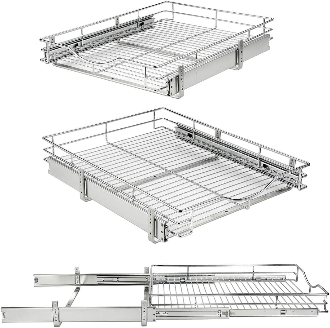 DINDON 1 Tier Pull Out Cabinet Organizer (20" W x 18" D) Heavy-Duty Metal Sliding Drawer Shelf, Slide Out Wire Basket for Kitchen Cabinets, Pantry, Bathroom, Chrome Finish…