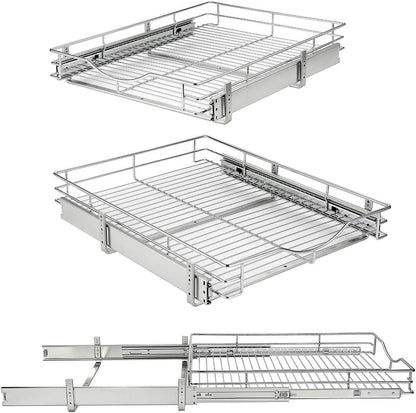 DINDON 1 Tier Pull Out Cabinet Organizer (20" W x 18" D) Heavy-Duty Metal Sliding Drawer Shelf, Slide Out Wire Basket for Kitchen Cabinets, Pantry, Bathroom, Chrome Finish…