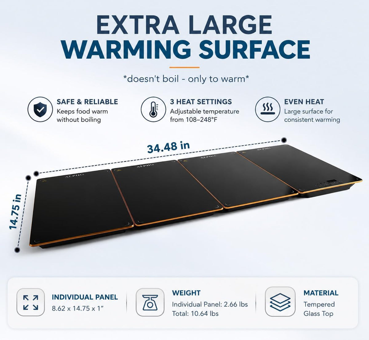 Alpha Living GW-P4 Food Warming Mat – Tempered Glass Top Warming Tray Food Warmers for Parties Buffet – 3 Heat Settings – Child Lock and Timer Functions – Anti-Slip Feet