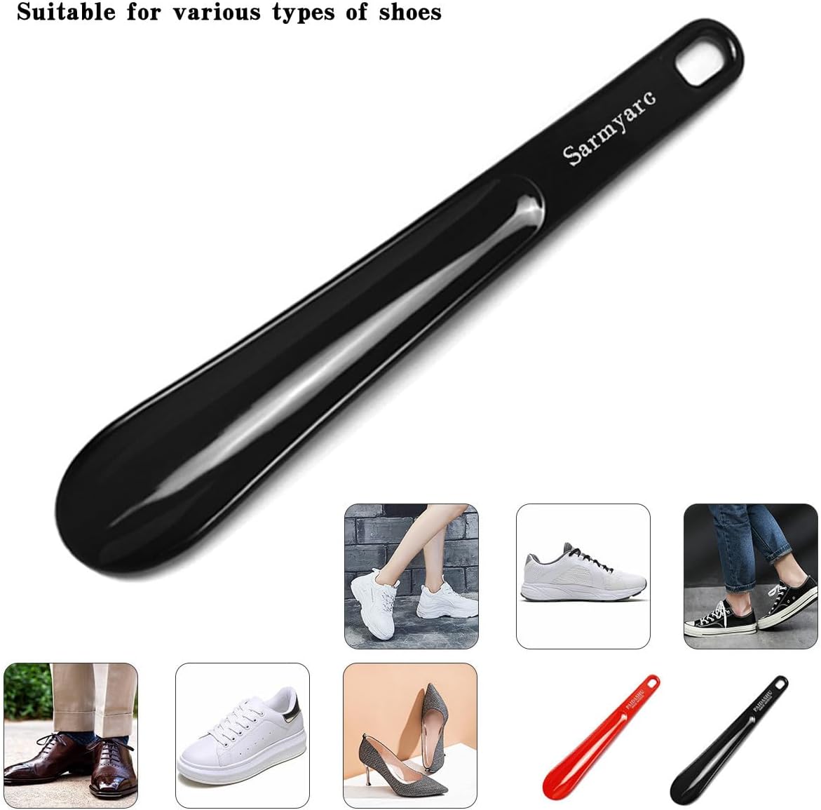 Sarmyarc Plastic Shoe Horn,2pcs Travel Shoe Horns for Men, Women, Seniors& Kids - Shoe spoon - Shoe helper - Boot Shoehorn 10.3''(Red/Black)