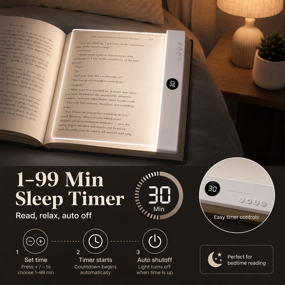 LED Page Reading Light, Rechargeable Flat Book Light, Normal White | Flat Rechargeable Page Light with Timer | 3 Light Modes | Stepless Dimming | Clear Acrylic Panel for Dorm Reading