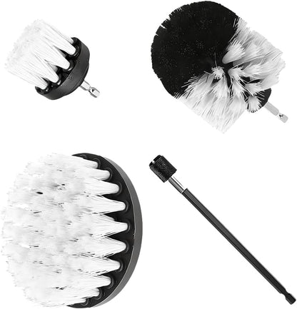 4PCS Drill Brush Attachment Kit with Extension Rod, Red | PP bristles with steel shafts, three brush sizes, quick-change extension rod, follows curved surfaces, compact storage