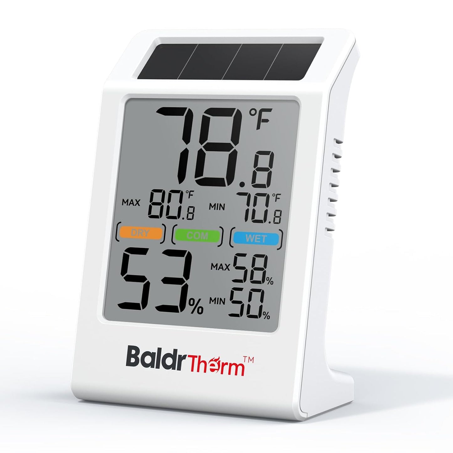 Room Thermometer Indoor Humidity Meter Solar Powered with Max/Min Memory & Comfort Indicator - 3.2" Large Display for Home, White
