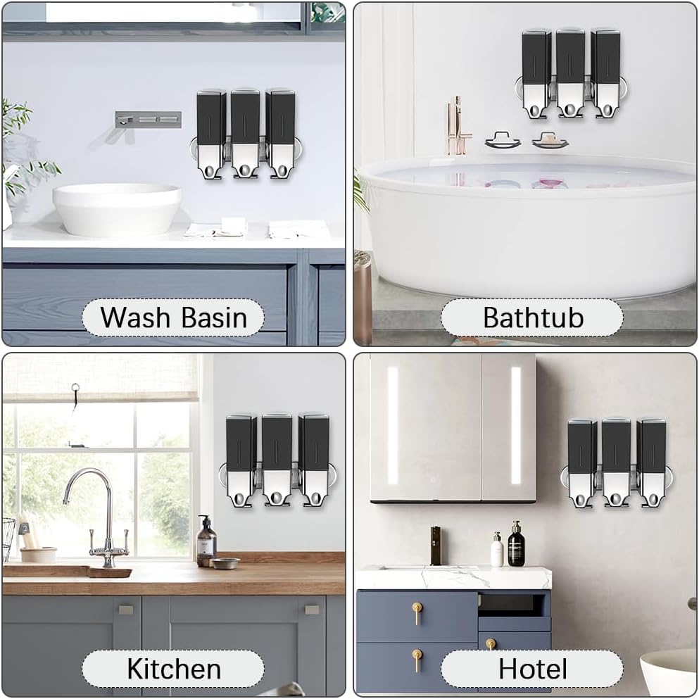 3 in 1 Chamber Wall Mounted Shampoo and Conditioner Dispenser (Silver) | No Drill Shower Soap Dispenser for Bathroom & Hotel Leak-Proof Pumps, Easy Installation and Large Capacity