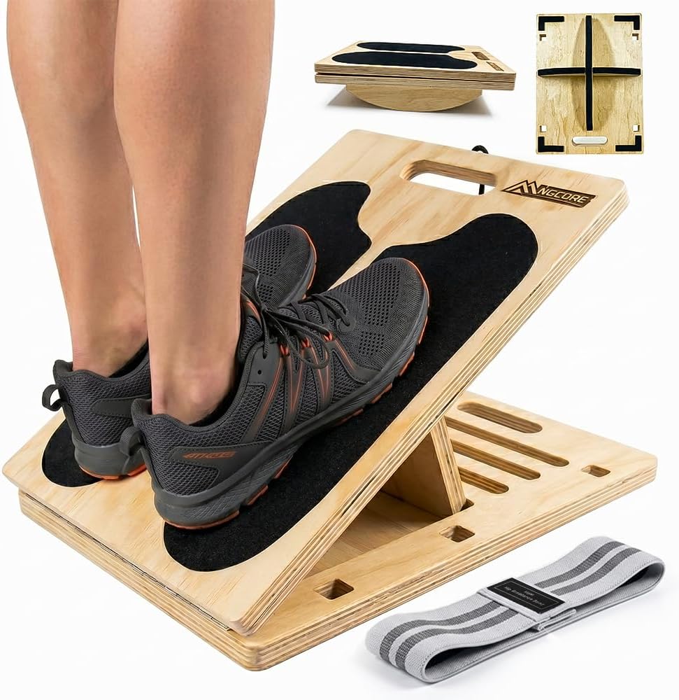 3-in-1 Adjustable Slant Board & 180°/360° Balance Board - Wooden Calf Stretcher and Squat Wedge - 5 Angle Incline Board for Stretching Equipment & Exercise - Includes Resistance Band - (400LBS)