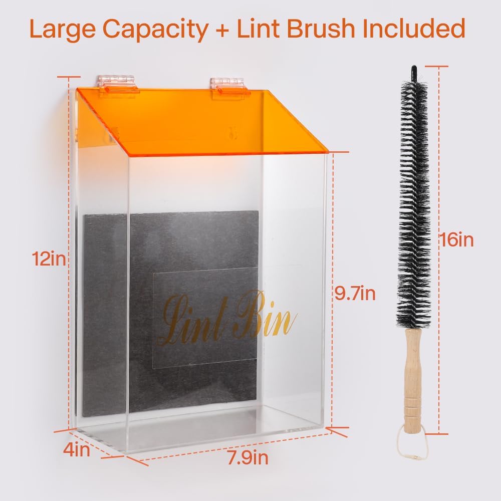 Picowe Magnetic Laundry Storage, Large Clear Acrylic Lint Holder Bin with Lid for Laundry Room with Dryer Lint Brush, Space-Saving Trash Container Hanging on Dryer, Washer or Wall Mount Trash Bin
