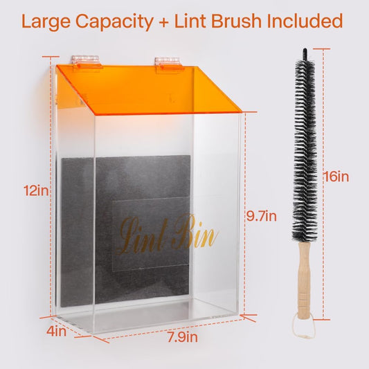 Picowe Magnetic Laundry Storage, Large Clear Acrylic Lint Holder Bin with Lid for Laundry Room with Dryer Lint Brush, Space-Saving Trash Container Hanging on Dryer, Washer or Wall Mount Trash Bin
