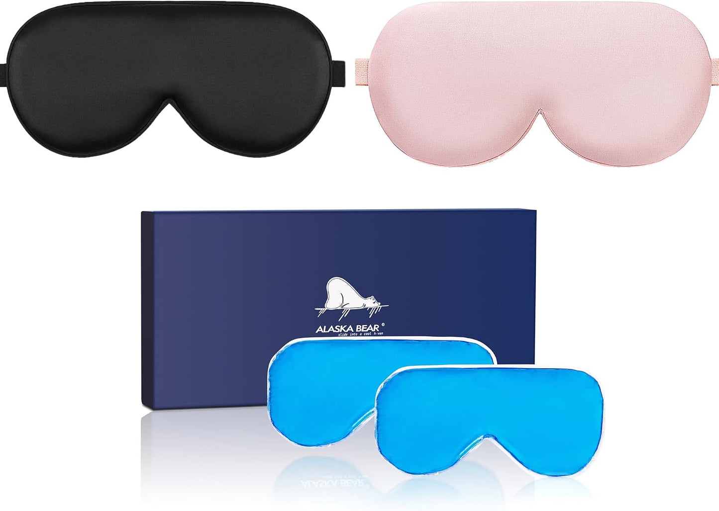 ALASKA BEAR Cooling Gel Eye Mask Weighted Silk Sleep Mask, Black & Pink | Cotton Eyeshades, Cold & Hot Compress, Pain Relief, 180g Heavy, 2 Set