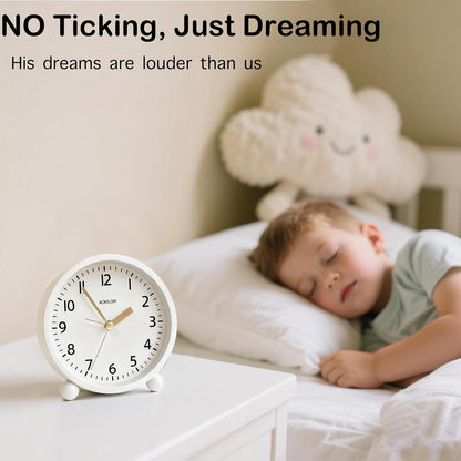 Analog Alarm Clock, Non-Ticking Silent Travel Small Clock, Battery Operated with On-Demand Light, Easy Set Gentle Wake, Ideal Decor for Bedroom, Bedside, Desk,Office(White)