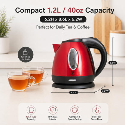 Moss & Stone Red Stainless Steel Electric Kettle, 1.2L Cordless 1500W | Small, portable hot water tea kettle, fast boiling pot, boil-dry protection, auto shut-off, blue Illuminate LED light